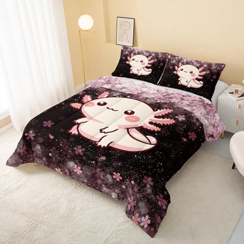 Image of QOOMO Kawaii Axolotl Kids Comforter Set Full Size,Cute Animal Print Bedding Set for Boys Girls Room Decoration,Pink Bed Set Microfiber Lightweight All Season,1 Comforter Set 2 Pillowcases