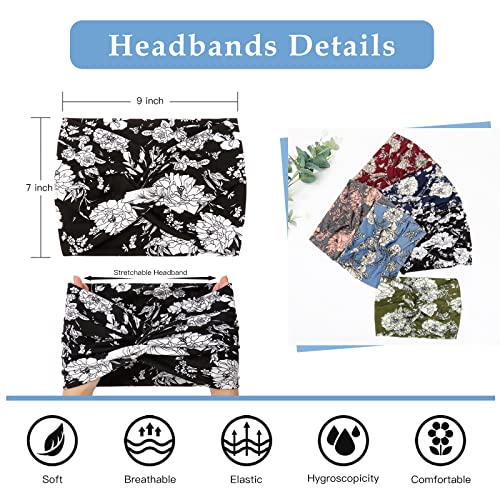 Image of Tobeffect Wide Headbands for Women, 7'' Floral Printed Turban Headband Boho Hairband Twist Hair Accessories, 6 pack