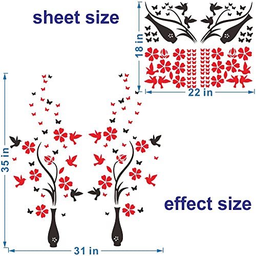Anfrjji Vase Flower And Bird Wall Decal - 3D Pvc Removable Wall Sticker With Flying Butterflies And Tree Branch - Effect 35"X31" - Living Room And Bedroom Decor Jwh184 (Black Vase+Red Flower) #TOP1