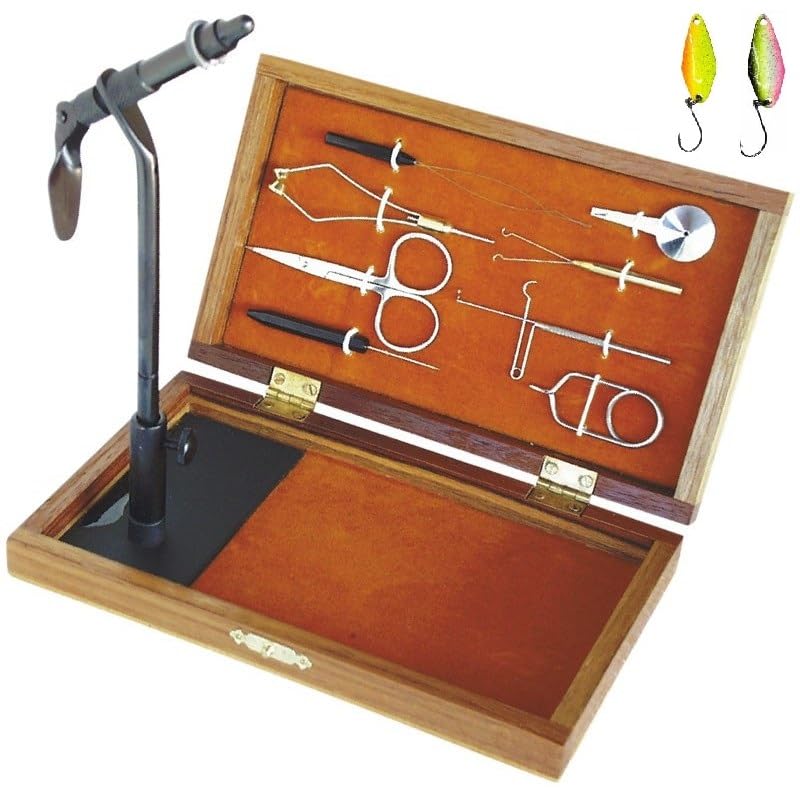 blntackle76 Set Fliegen-Bindestock aus edlem Holz, Bindeset zum Fliegen binden Bindewerkzeug + 2 gratis Forellen-Spoons