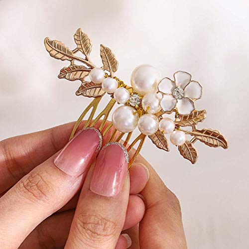 Yokawe Bridal Wedding Hair Comb Gold Pearl Flower Hair Clip Vintage Leaf Rhinestone Bride Hair Accessories For Women And Girls (Gold) #TOP2