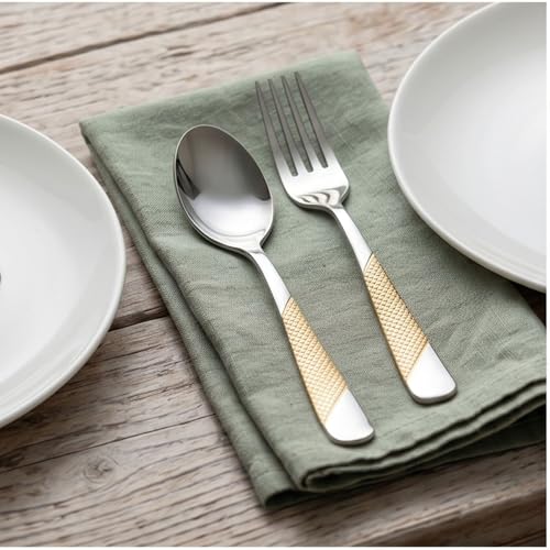 Image of Sterling Silver with Golden Handle French Style Silverware | 5-Piece Hammered Dessert Spoon Set | Premium 18 /10 Stainless Steel Flatware | Elegant Cutlery for Home, Restaurants & Gifting