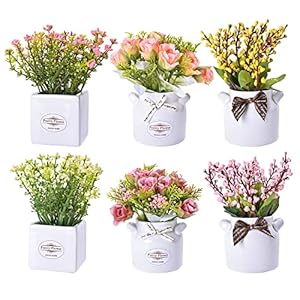 LUEUR 6Pcs Artificial Flowers with Ceramic Pot Fake Flower Arrangements Small Faux Spring Flowers in Vase Home Spring Decor, Centerpiece Table Decorations for Farmhouse Office Shelf Dining Table