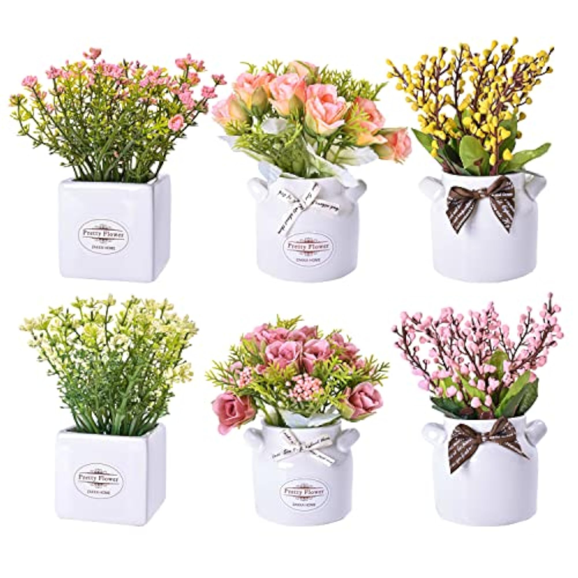 6Pcs Artificial Pot Flowers with Ceramic Pots for Home Decor