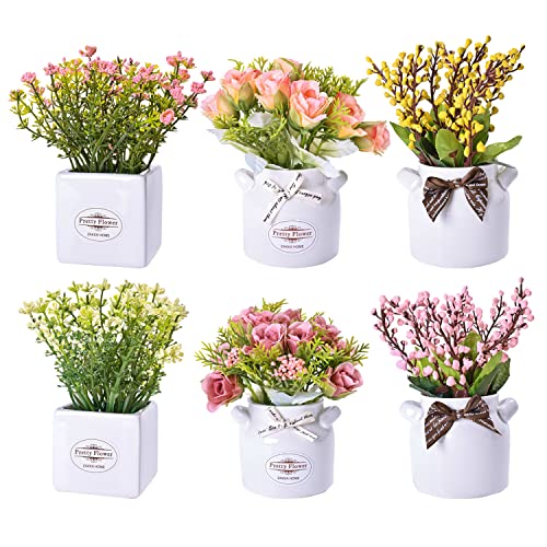 LUEUR 6Pcs Artificial Flowers with Ceramic Pot Fake Flower Arrang...
