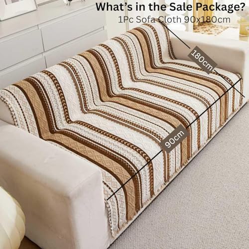 Image of HOMETHREADS Chenille Bohemian Boho Style Sofa Cover | Thick & Soft Luxury Slipcover | Protective, Washable & Stylish Couch Cover for Living Room Decor. (Boho Line Beige, 1 Seater Large | 90x180cm)