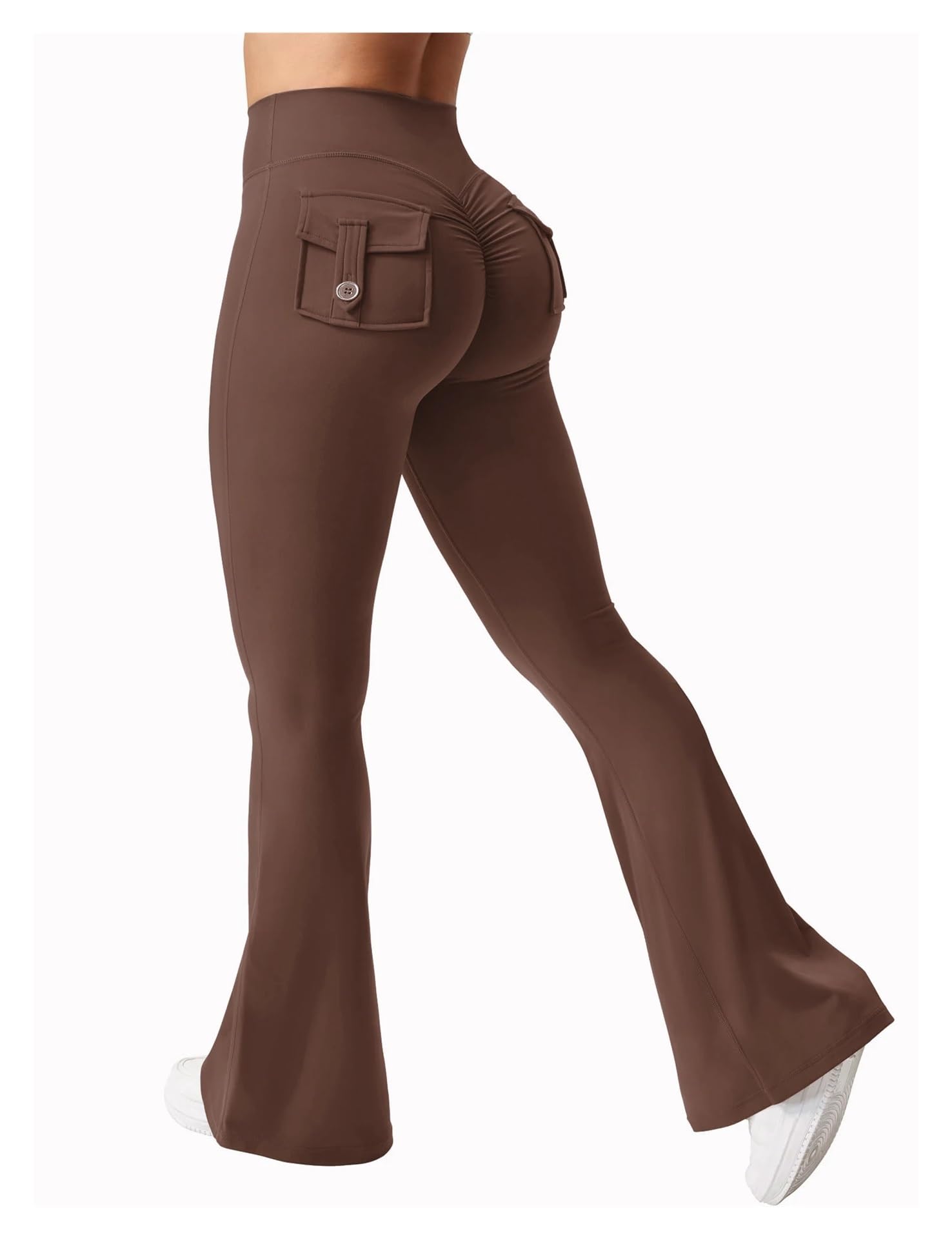 Leggings de Yoga Extensibles à Jambes Larges for Femmes, Sensation de Nu, Compression, vêtements de Travail de Fitness avec Poches, Pantalon de Yoga pour Le Sport et Le Yoga(Brown,L)