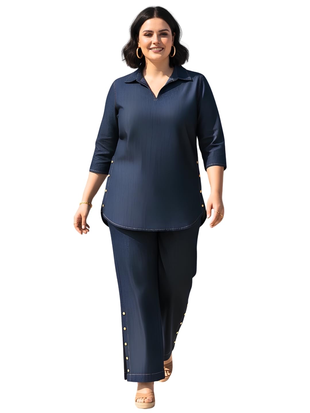 Women's Navy Denim Co-ord Set with Stitchline Detailing | Collared 3/4 Sleeve Shirt with Button Trim Trousers | Casual Denim Co-ord for Daily, Casual, Vacation & Travel Wear-image-22