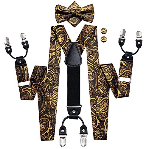Image of Hi-Tie Black Gold Mens Suspenders Bowtie Set Floral Suspenders Pre-tied Bow Tie Pocket Square Cufflinks Adjustable Y Shape 6 Clips Braces Tuxedo