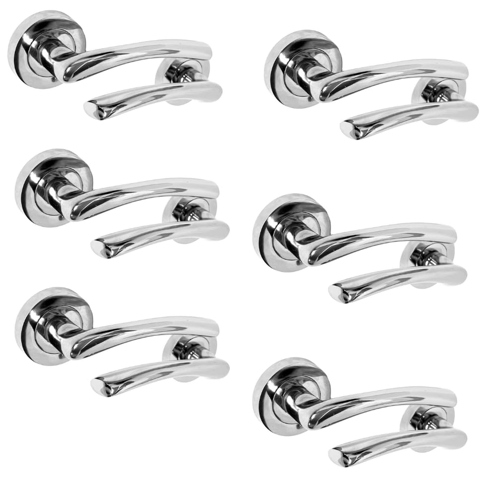 Zena Polished Chrome Lever on Rose Internal Door Handles – 6 Pairs | Modern Chrome Door Handle Set with Optional 63mm Tubular Latches