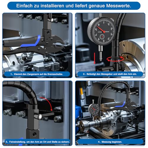 AccuGrapha Scheibenbremsrotor-Messgerät mit 0-10 mm Messuhr(0.01mm Auflösung), Auto-Bremsscheiben-Schlagfestigkeitsprüfer, Klemmschraubstock mit 360 ° Flexiblem Arm und rutschfester TPR-Gummigriff