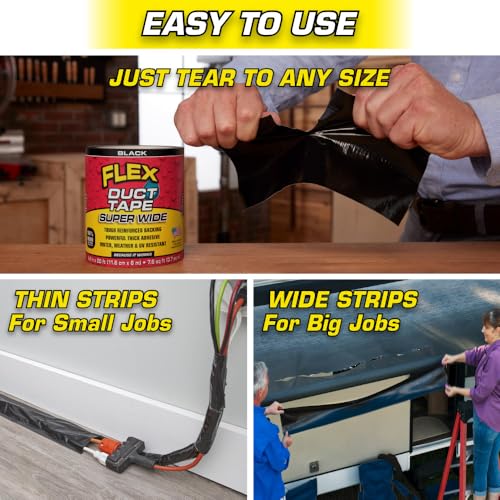 Image of Flex Duct Tape, Super Wide, 4.6 Inches x 20 Feet, Black, Heavy Duty Strong, Multi-Surface, Water, Weather and UV Resistant, Tearable, Perfect for Boxes, No Residue