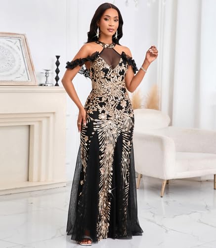 Image of Cololura Women Sexy Sequin Halter Neck Short Sleeve Mesh Perspective Party Bodycon Evening Cocktail Maxi Dress