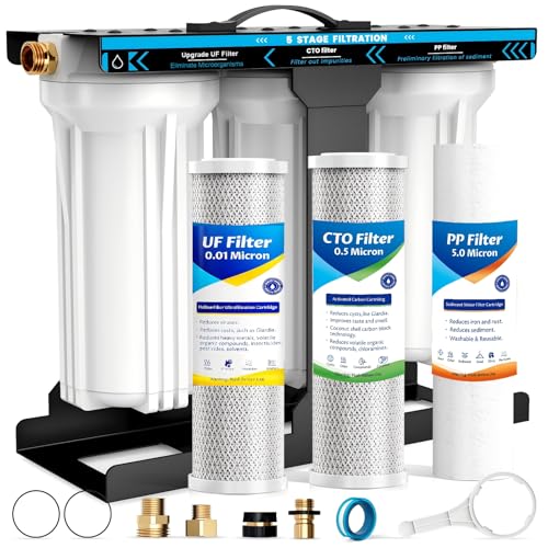RV Water Filter System, 5-Layer 3 Stage RV Water Filtration System, Lead-Free Hose Quick Connectors, 0.01 Micron Filters Removes Sediments,Chlorine,Heavy Metals, Odors, Water Filter for RV, 1' FNPT