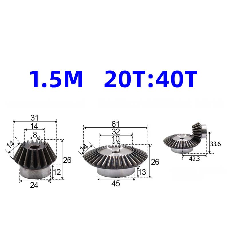 Bevel Gear Pinion Hardware Mechanical 1:2 Bevel Gear 1.5M 15T 16T 18T 20Teeth Straight Bevel Gears 90 Degrees Drive(20T-40T)