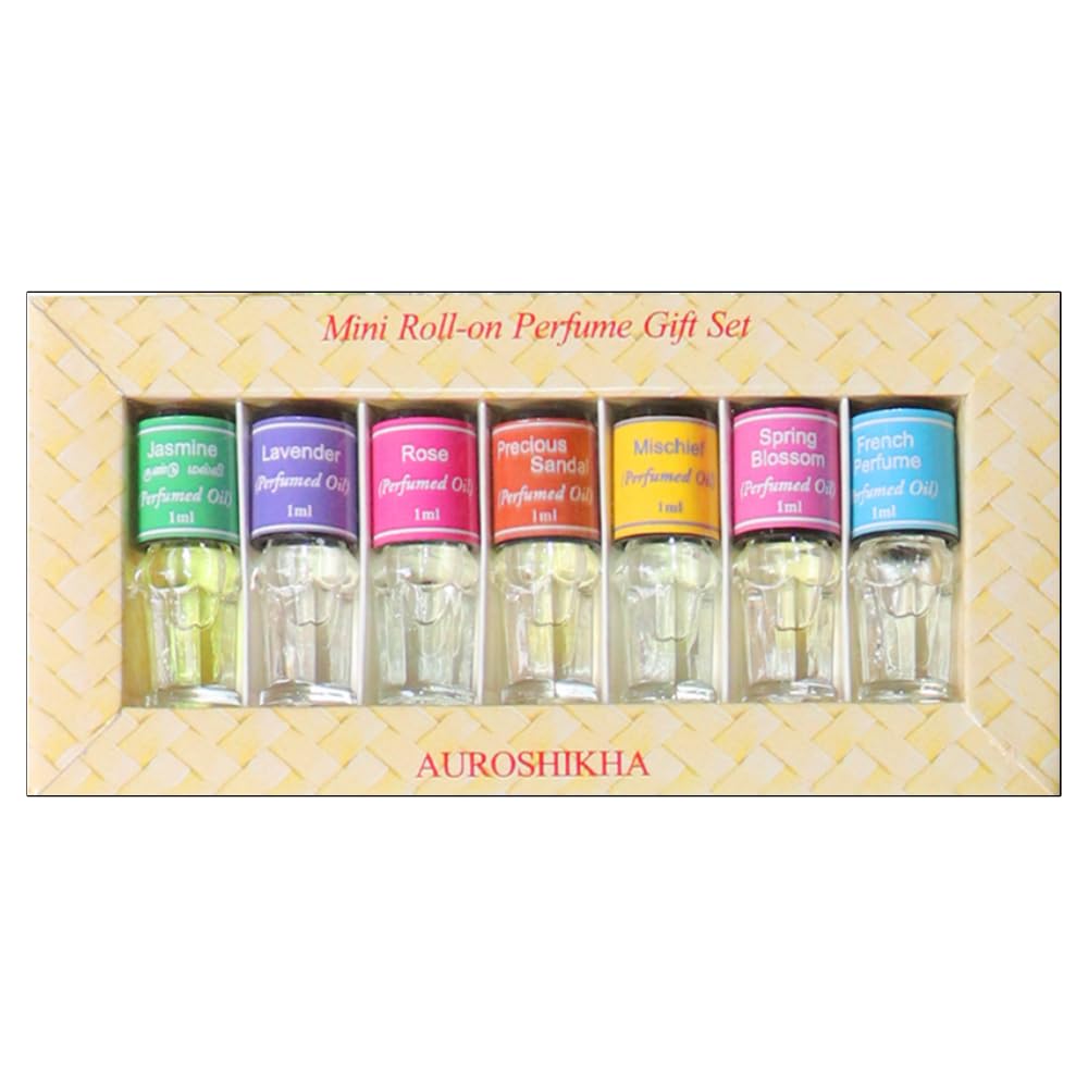 AUROSHIKHA Mini Roll-On Perfume Oil Gift Set, 7 Fragrances (Jasmine, Lavender, Rose, Precious Sandalwood, Mischief, Spring Blossom, French Perfume), 1ml Each (Pack of 1)-image-36