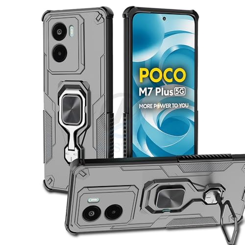 Image of AESTMO Armor Back Cover for Poco M7 Plus 5G | Ring Holder & Kickstand & Camera Protection in-Built | 360 Degree Protection Back Case Cover (Black)