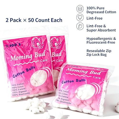 Cotton Balls, 2 Pack 50 Count Each (100 Counts Total), 100% Pure Degreased Cotton, Lint Free Hypoallergenic Soft Absorbent Cotton with Resealable Bag for Makeup Removal Baby Care Nail Care - Image 2