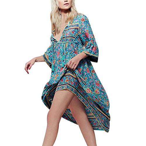 LHWY Vestidos De Verano Bohemios Mujer Largos, Vestidos Casuales De Playa con Mangas Cortas Vestidos De Estampado Flor ÉTnica S-XXXXXL (XXXL)