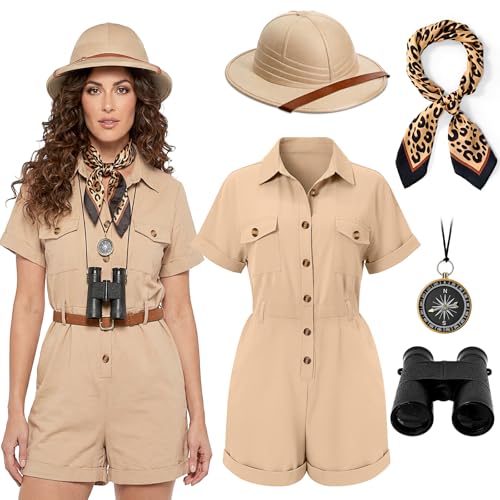 Shihanee 5 Pcs Safari Costume for Women Safari Outfit Hat Neck Scarf Binocular Compass for Zoo Keeper Cosplay(L Helmet Style Khaki)