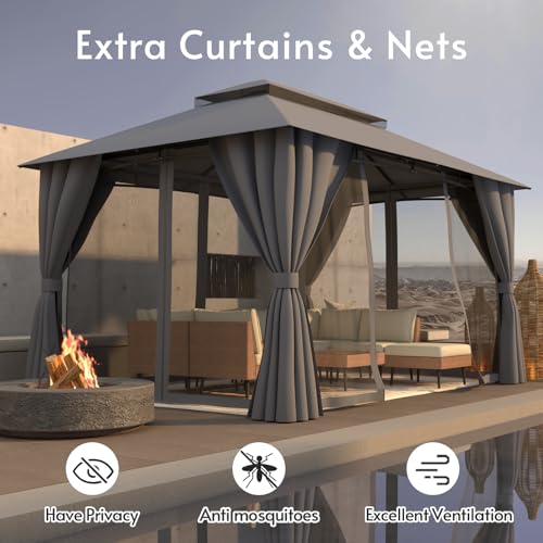 HROOAREM Outdoor Gazebo 10x13 with Double Roof, Patio Gazebo with Netting & Curtain Included. Trapezoidal Support System for Enhanced Stability, Perfect for Patio, Deck, Backyard - Image 6
