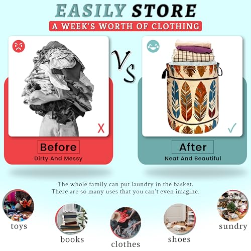 Image of Feather Laundry Basket Oxford Cloth Foldable Hamper 18.9x16.5 Inch | With Handle Tote Bag Colorful Boho Laundry Hamper Clothes Storage Bucket Toy Organizer For Bathroom /Laundry /Bedroom