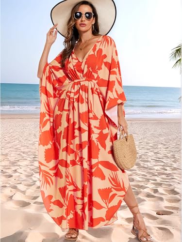 Image of Moss Rose Kaftan Dresses for Women V Neck Summer Swimsuit Cover up Caftan Maxi Beach Dresses