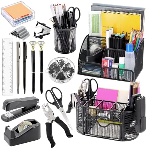 17 in 1 Black Desk Organizers and Accessories Set, 3 Office Desk Supplies Storage Organization, 4 Pens, Stapler, Staples & Remover, Tape & Dispenser, Scissors, Ruler, Clips, Hole Punch, Back to School 17 in 1 Black Desk Organizers and Accessories Set, 3 Office Desk Supplies Storage Organization, 4 Pens, Stapler, Staples & Remover, Tape & Dispenser, Scissors, Ruler, Clips, Hole Punch, Back to School