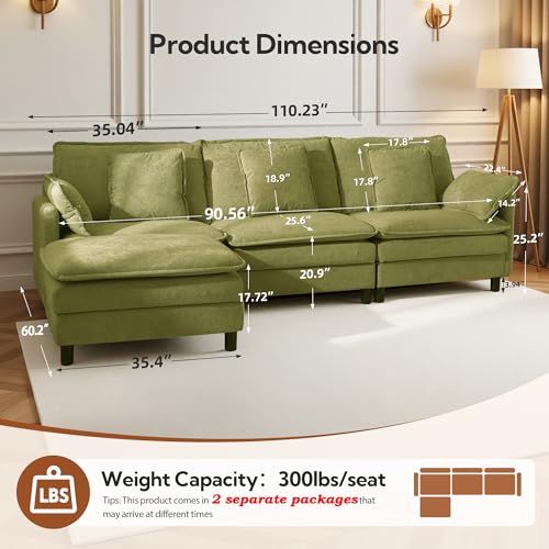 Image of Claiks 110 inch Modular Sectional Sofa, Cloud Couch with Ottoman, L-Shaped 4-Seater Sofa in Chenille Fabric, Deep Seat Comfy Couch with Pillows for Living Room & Offices, Green