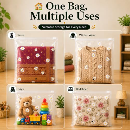 Image of PulGos 24 Pcs, 45 x 35 Cm Saree Cover for Storage | Floral Printed With Zip | Frosted Transparent Bags | Multipurpose Bag for Clothes & Accessories | Packing Covers for Wardrobe Organizer & Traveling