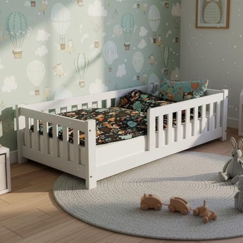 Juskys Letto a pavimento per bambini Naya 80x160 cm con barriera di sicurezza e rete a doghe –...