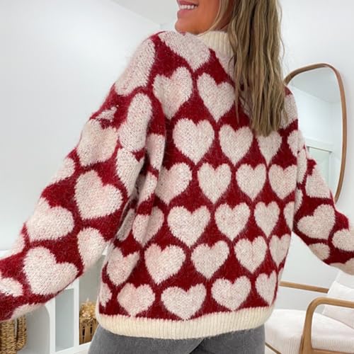 Image of Women's Valentine Love Print Heart Fun Sweater Casual Crewneck Long Sleeve Knit Sweatshirts Pullover Tops