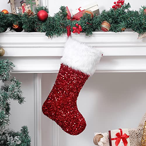 Qbsm 4 Pack Christmas Stockings, 19.7'' Red And Green Sequin Stocking With White Faux Fur Cuff Xmas Fireplace Hanging Stockings For Christmas Decoration #TOP5