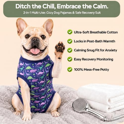 Image of PetWarm Surgery Recovery Suit Spay, Onesies for Dogs, Dog Cone Alternative After Surgery Substitute E-Collar and Cone Prevent Dog Onesies Pet Recovery Suit, Dinosaur Pattern, Blue Purple, XS