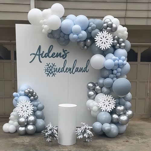 Image of Baby Blue White Winter Wonderland Balloons, 60PCS Dusty Blue and White Metallic Silver Snowflakes Balloons for Ice Snow Wonderland Wedding Birthday Baby Shower Christmas New Year's Party Decorations