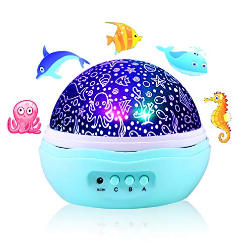 Sea/Ocean World Projector Lamp with Fish, Jellyfish, Dolphin and Conch, LED Night Light with 8 Colors, 360° Rotation