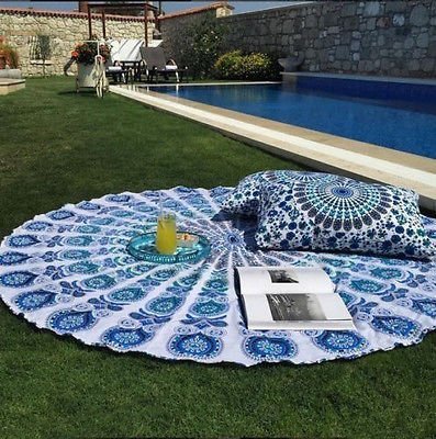 Popular Handicrafts Round Tapestry Wall Hanging Ombre Hippie Mandala Bohemian Hippy Intricate Indian Tapestries Tablecloth 70 Inches,(178cm) Blue on White - Image 4