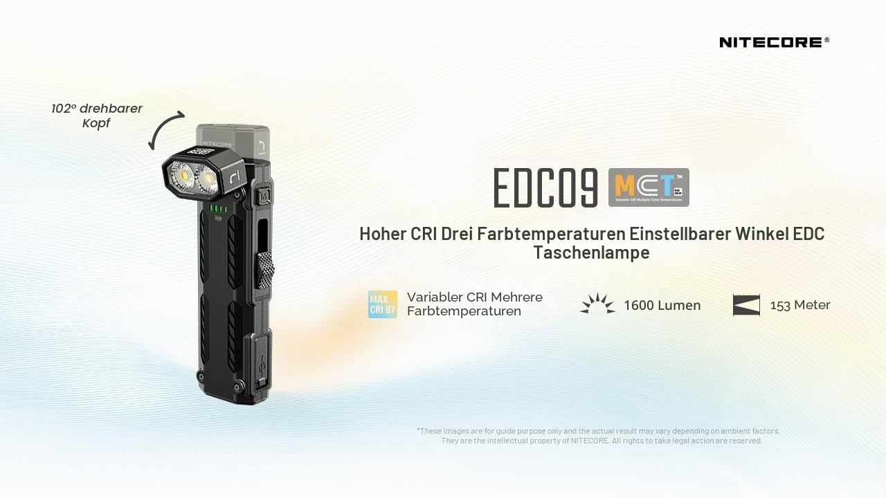 Nitecore EDC09 EDC-Taschenlampe, 1600 Lumen, 102° drehbarer Schwenkkopf, 3 Farbtemperaturen, USB-C wiederaufladbar, magnetischer Schwanz, Edelstahlgehäuse, wasserdicht