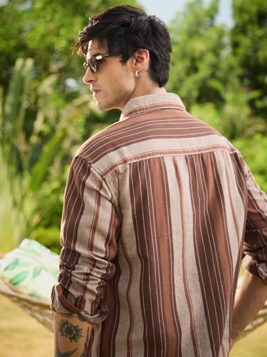 Image of The Souled Store Cotton Linen Stripes: Latte Men and Boys Long Sleeve Spread Collar Brown Striped Casual Easy to Style Everday Office Wear Cotton Linen Shirt