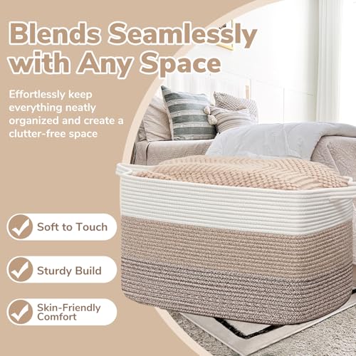 Image of Goodpick 105L Extra Large Woven Rope Blanket Basket, Rectangle, Light Brown