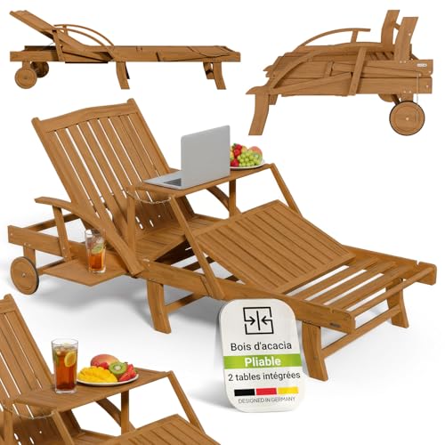 Juskys Bain de Soleil SunScape en Bois d’Acacia Naturel avec Table réglable Repose-Jambes...
