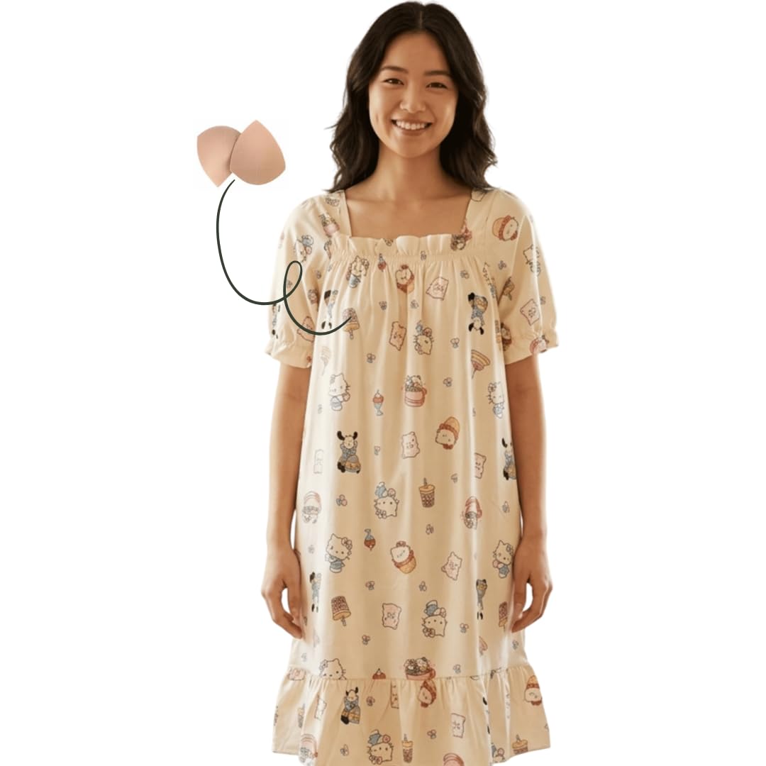 nohook Korean Style Chest Padded Cotton Nightdress for Women | Cream Cartoon Print Sleepwear Dress | Soft Cotton Braless Nighty with in-Built Pads-picture-19