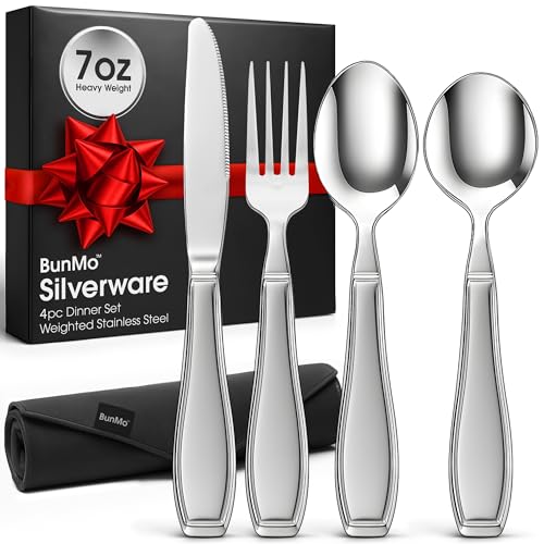 BunMo Weighted Utensils for Tremors and Parkinsons Patients - Heavy Weight Silverware Set of Knife, Fork and Spoon - Parkinsons Gifts for People with Parkinson's - Adaptive Eating Flatware (4 Pieces)