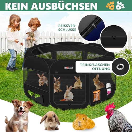 LOVPET® Welpenlaufstall Tierlaufstall Faltbar für Kleintiere Hunde, Katzen Inkl. Hundenapf und Fleece Decke Hundelaufstall Freigehege Oxfordgewebe Pop-up System Indoor & Outdoor, Schwarz