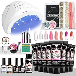 Morovan 8 Farben Gelnägel Starterset Poly Nagelverlängerungs Gel Set Starterset mit 48W UV/LED Lampe Poly Nagel Gel Base Coat Top Coat Slip Lösung Builder Kit Komplette Poly Nail Extension Gel Kit