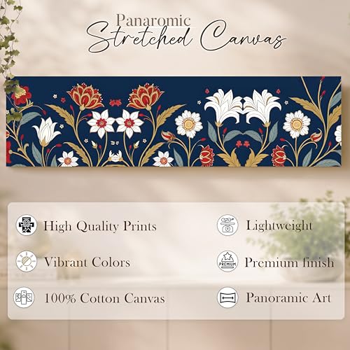 Image of Blue Luxury Floral Botanical Canvas Wall Art Painting For Living Room, Navy Blue Ornamental Flowers Painting, Elegant Panoramic Decorative Wall Art For Home & Office Decor, 12x46 Inch