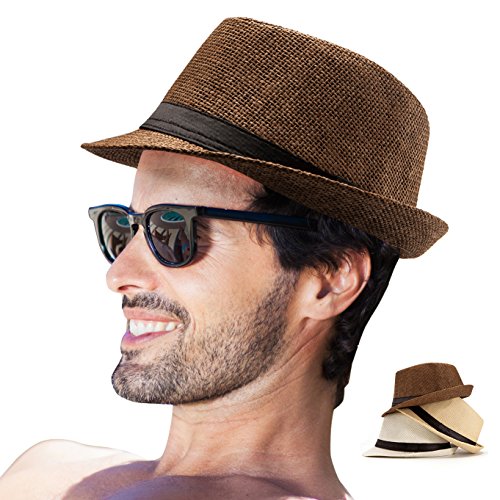 Image of LADYBRO 7 1 /4 Straw Fedora Hats for Men Summer Short Brim Trilby for Travel (Pack of 3, M /L)