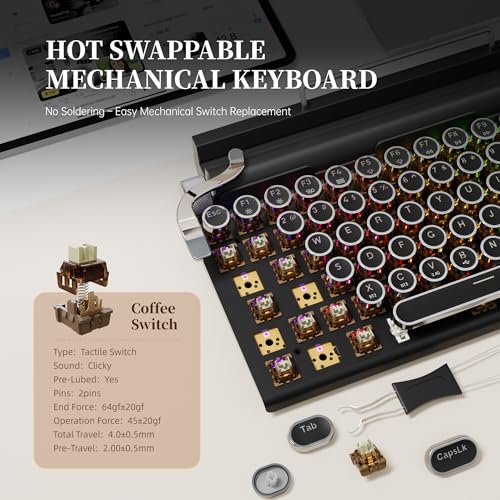 Image of 7KEYS Typewriter Keyboard Wireless Retro Style, Vintage Classical Mechanical Keyboard with Bluetooth for IPAD PC /Laptop Mac /Phone (Black+Wrist)
