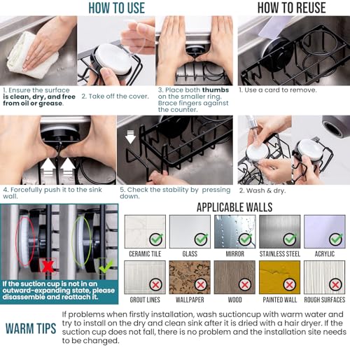 Image of TAILI 4-in-1 Sponge Holder for Kitchen Sink with Strong Suction Cup Removable, Rustproof Aluminum Sink Caddy for Sponge, Brush, Scrubber, Scraper -Black