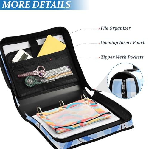 Image of 3 Ring Zipper Binder with Shoulder Strap Cherry Blue Bow 1.5 inch Binders Keeper Large Capacity Multi Pockets for School Office Supplies